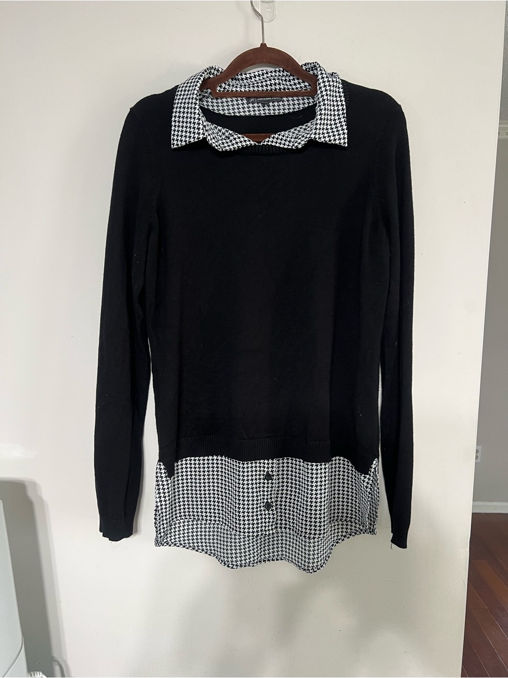 Adrianna Papell Black Sweater with Black-and-White Houndstooth Collar